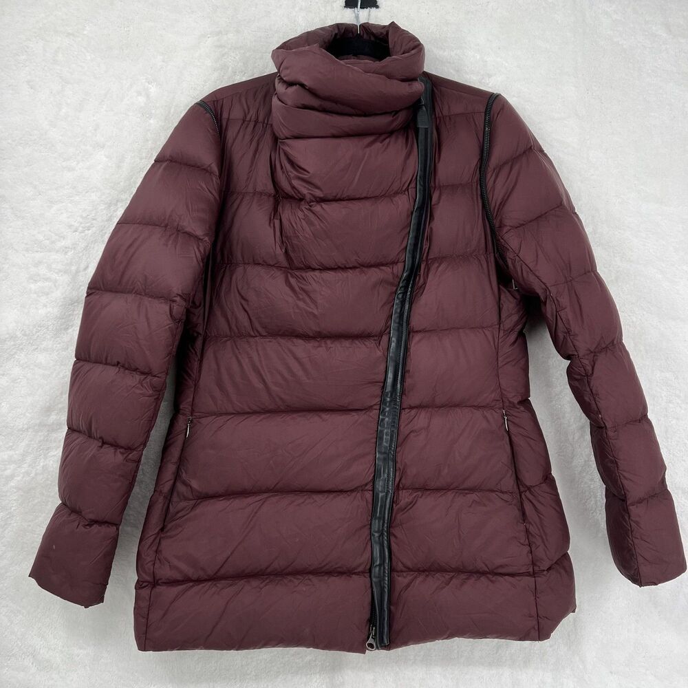 Mackage Down Puffer Coat Womens Large Burgundy Nylon Leather Trim Jacket - Picture 6 of 14